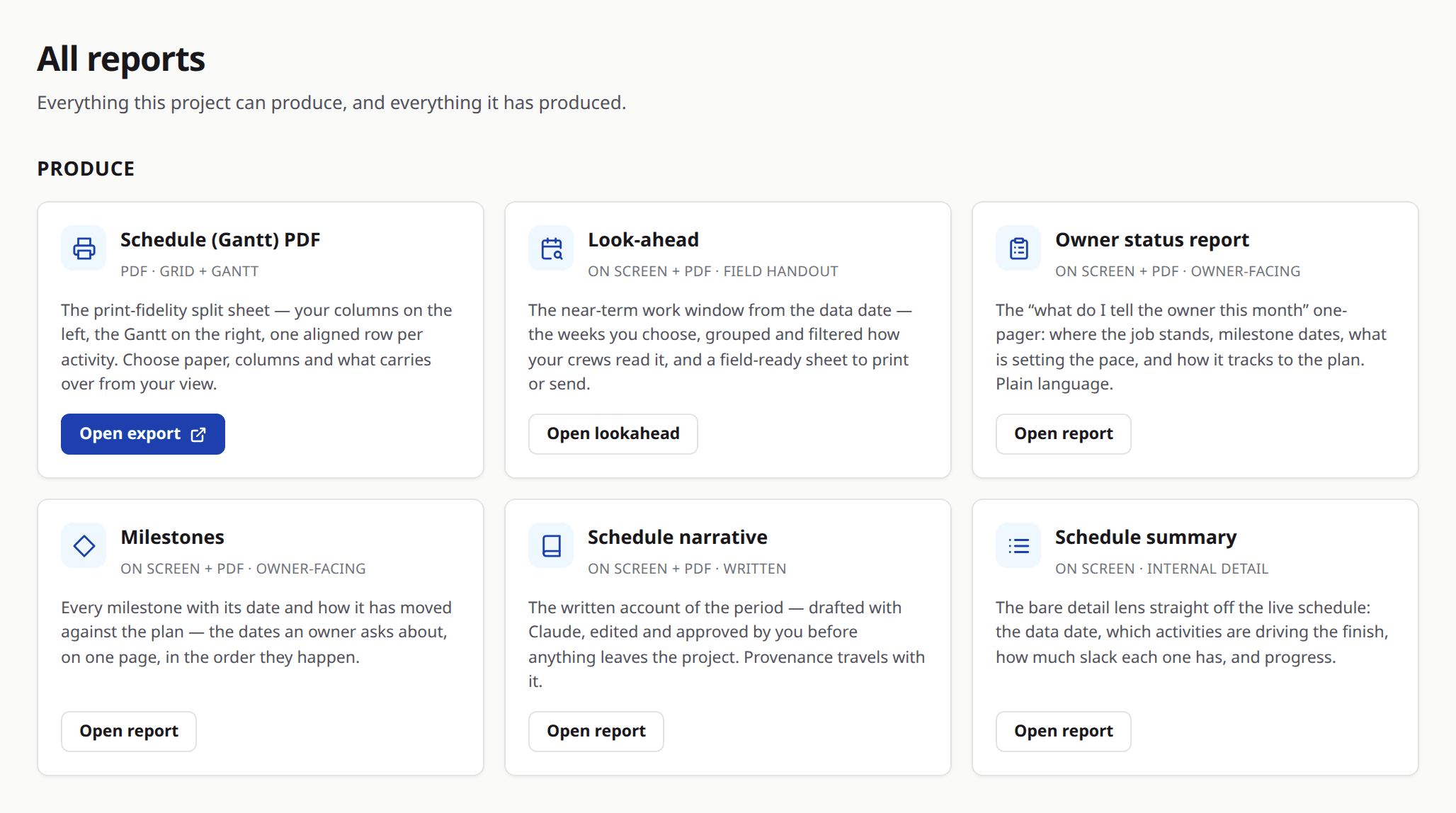 The All reports catalog: Schedule (Gantt) PDF, Look-ahead, Owner status report, Milestones, Schedule narrative and Schedule summary, each described by what it produces.